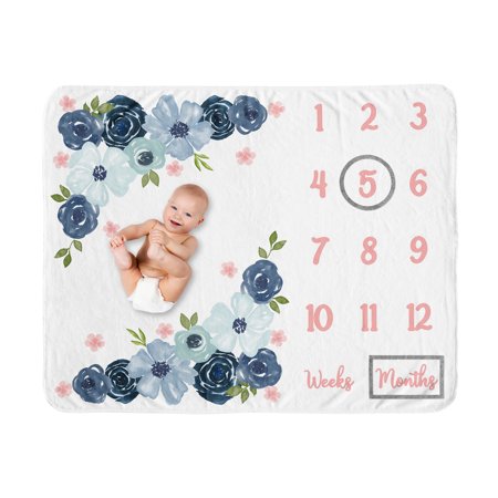 UPC: 0846480083733 | Watercolor Floral Navy Blue And Pink Milestone Baby Blanket by Sweet Jojo Designs