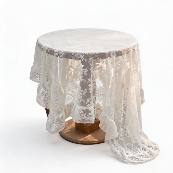 Vintage Ruffle Lace Tablecloth, Floral Embroidered Table Cover, Boho Cottagecore Decor for Wedding, Bridal Baby Shower, Party Reception & Farmhouse Home Decoration