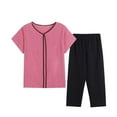 thumbnail image 4 of Sakmal Plus Size Pajamas Women Two Piece Cotton Linen Short Sleeve Top and Pants Solid Sleepwear ,Pink,XL, 4 of 5
