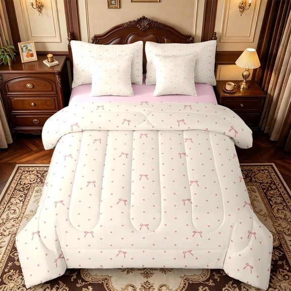 Manfei Cute Coquette Bow 7-Piece Twin Bedding,3D Cartoon Bowknot Print Bedding Comforter Set,Pink Reversible