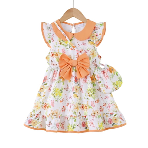 3T Baby Girls Dress 4T Girls Sleeveless Dress Doll-collar Toddler Girls Summer Floral Dress with Cute Bag Orange