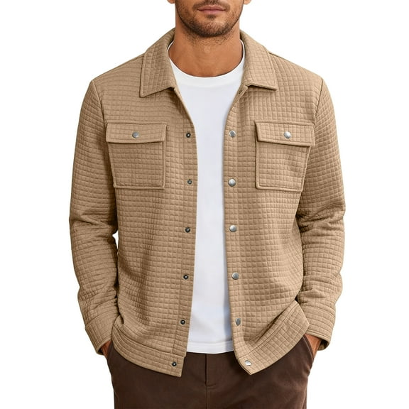 QHRMKOG Mens Shacket Relaxed Fit Full Length Sleeve Shackets with Flap Pockets Button Down Jacket Casaul Shirt Jacket Brown XL