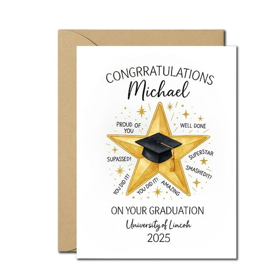 Personalized Graduation Card – Gold Star & Graduation Cap – Custom Name, University, and Year – Congratulations Graduate Card for College, High School, or University Graduation 2025