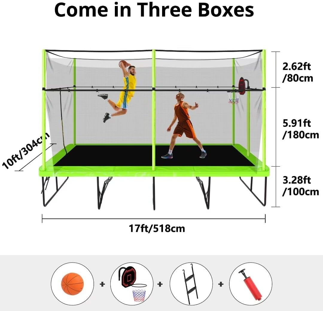 Rectangle Trampoline for Adults, 10x17 FT Large Outdoor Rectangular Trampoline for Backyard - ASTM Certified - Gymnastics Trampoline with Enclosure Net, Basketball Hoop, Strong Base, Green