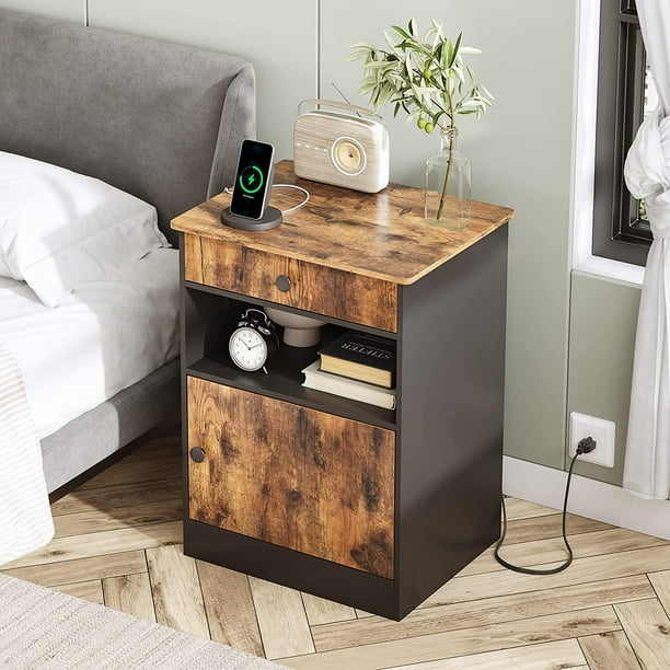 Nightstand with Charging Station and USB Ports, Modern Side Table with