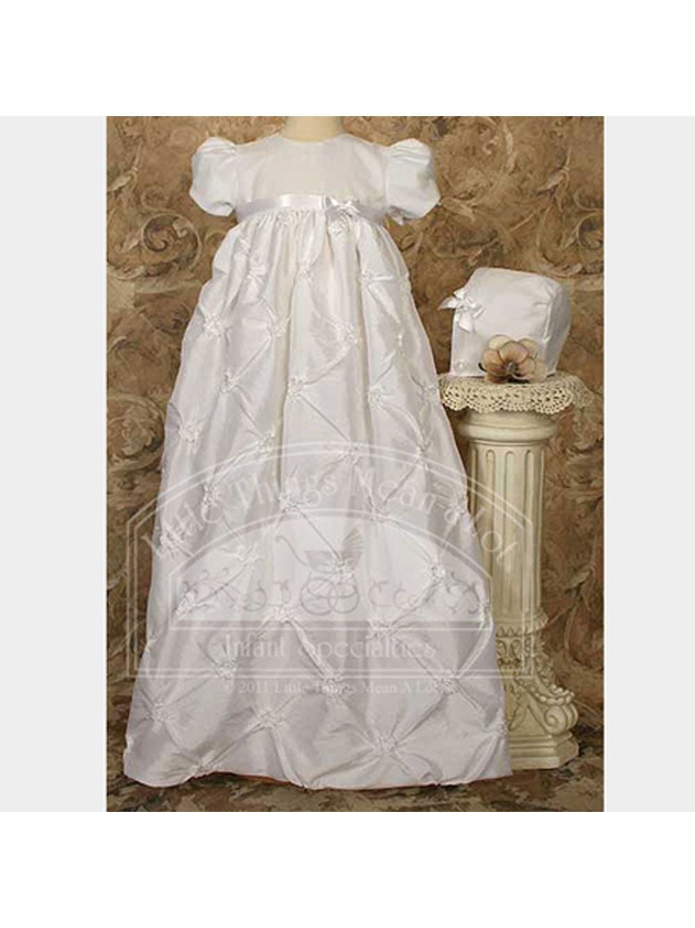 Little Things Mean A Lot White Polyester Taffeta Christening Baptism Gown with Rosettes and a Bonnet