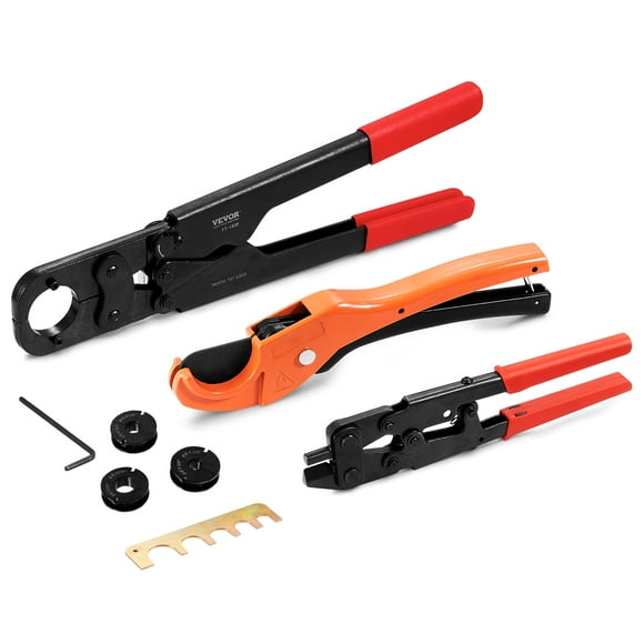VEVOR PEX Pipe Crimping Tool Kit, Pro Press Crimper for 3/8", 1/2", 3/4", 1" Crimp Rings, with 3 Jaw Dies, PEX Tubing Cutter, Go/No-Go Gauge