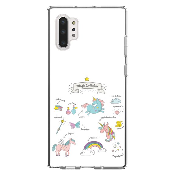 DistinctInk Clear Shockproof Hybrid Case for Galaxy Note 10 PLUS (6.8" Screen) - TPU Bumper, Acrylic Back, Tempered Glass Screen Protector - Magic Collection White - Unicorn, Rainbow