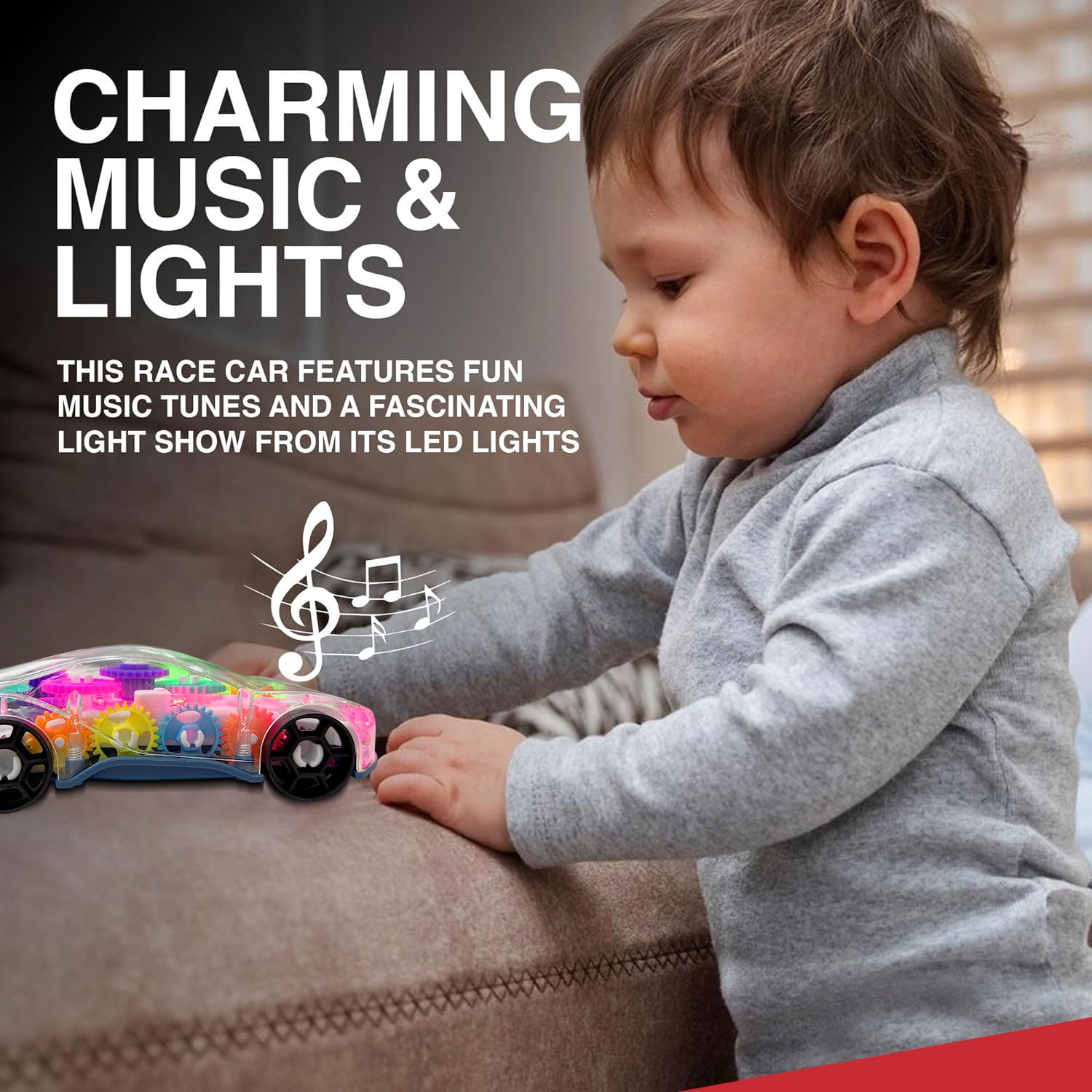 Kid Odyssey Light Up Transparent Car Toys for Kids, Bump and Go Toy Car with Colorful Moving Gears, Music, and LED Effects, Fun Educational Toy for Kids Toddlers, Great Birthday Gift Idea