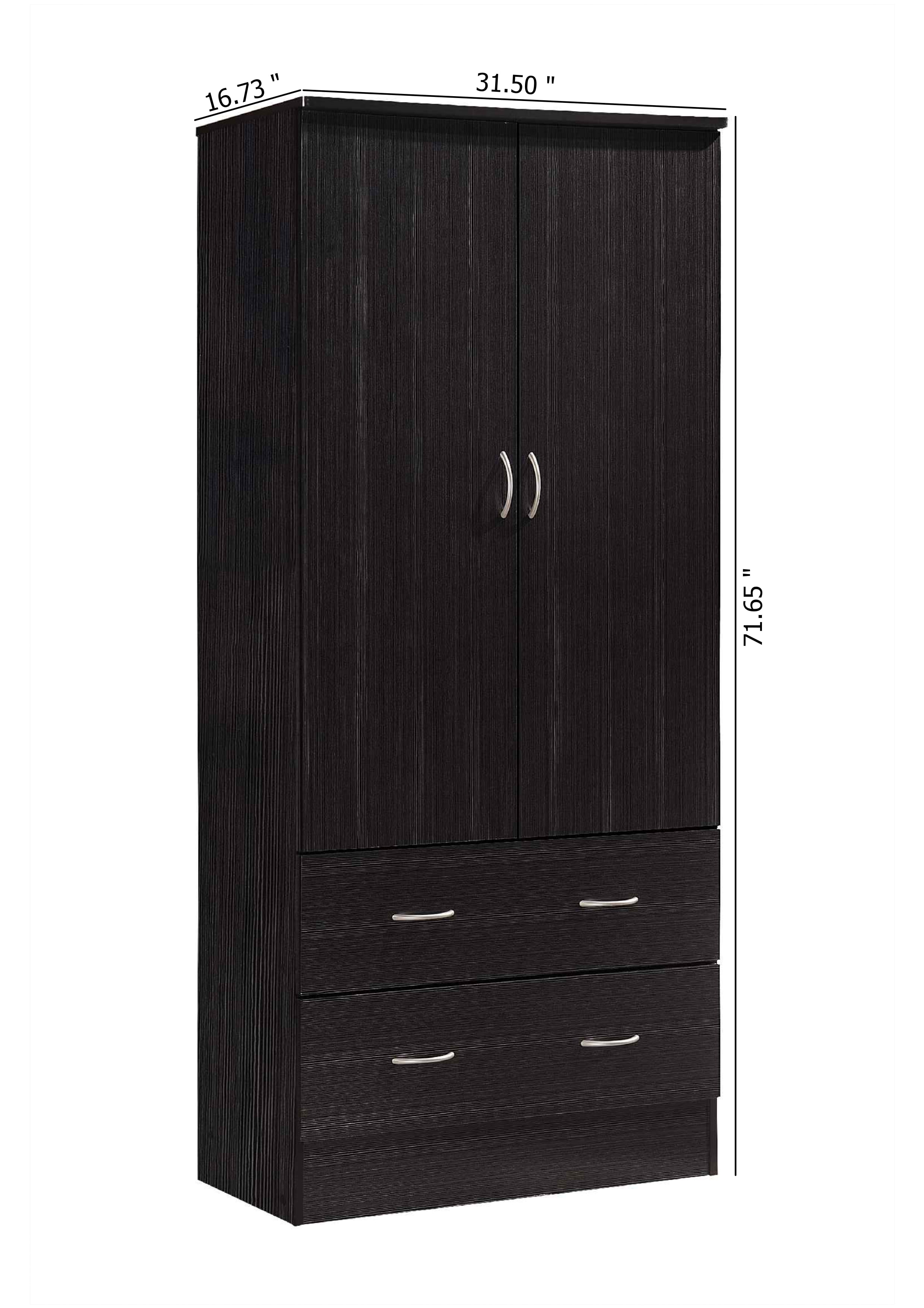 Hodedah Two Door Wardrobe with Two Drawers and Hanging Rod, Chocolate