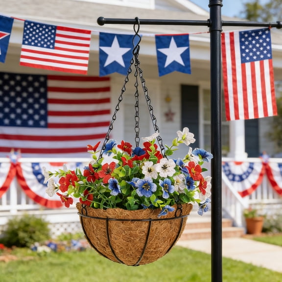 Cevemin Independence Day Patriotic Hanging Basket with Red White Blue Artificial Flowers - Faux Flower Hanging Planter for Patio Garden Spring Summer Holiday Decor