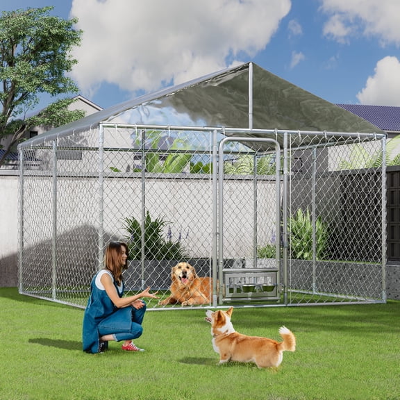 Magic Union Large Dog Kennel with Rotating Feeder Bowls, Outdoor 9.8'x9.8' Heavy Duty Dog Cage Enclosures, Dog Pens Fence with Waterproof UV-Resistant Cover and Secure Lock