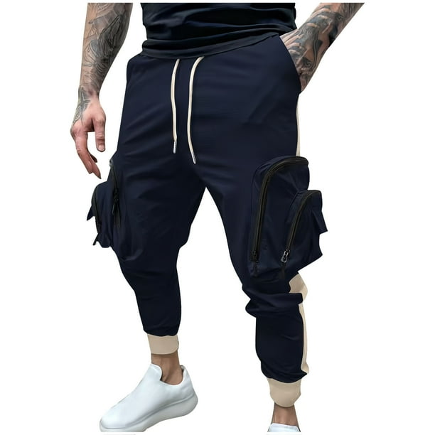 Puntoco Pantalones elásticos de color sólido con cremallera y múltiples bolsillos para hombre, cintura elástica con cordón para ajustar los pies