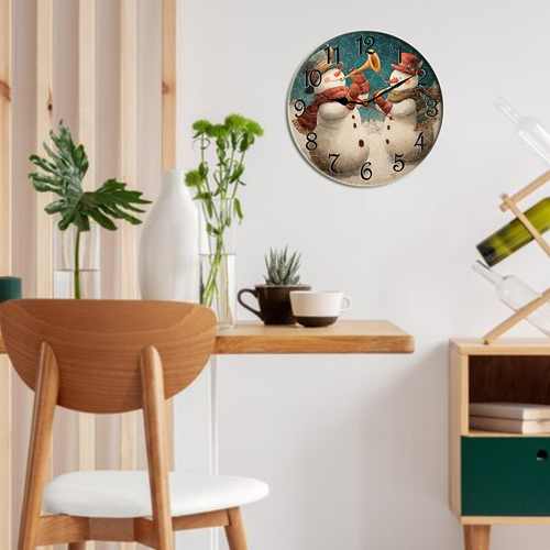 Kurmntregon Christmas Wall Clock Happy Snowmen Play Musical Winter Xmas Holiday Wooden Decorative Battery Operated Quartz Silent Hanging Clock For Bedroom Living Room Kitchen Coffee Bar Round 10"