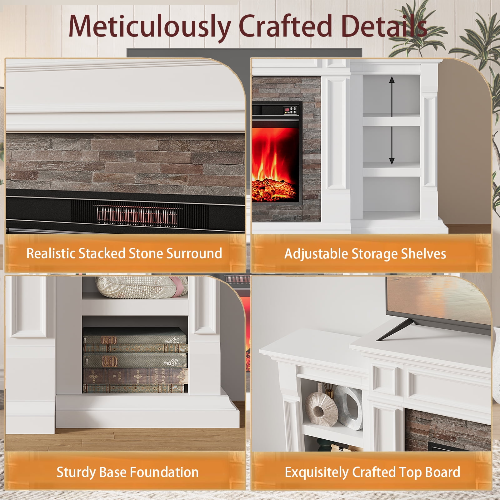Electric Fireplace with 80" Mantel, Stacked Stone Surround with 30" Fireplace Insert, Adjustable Flame, Remote Control, White