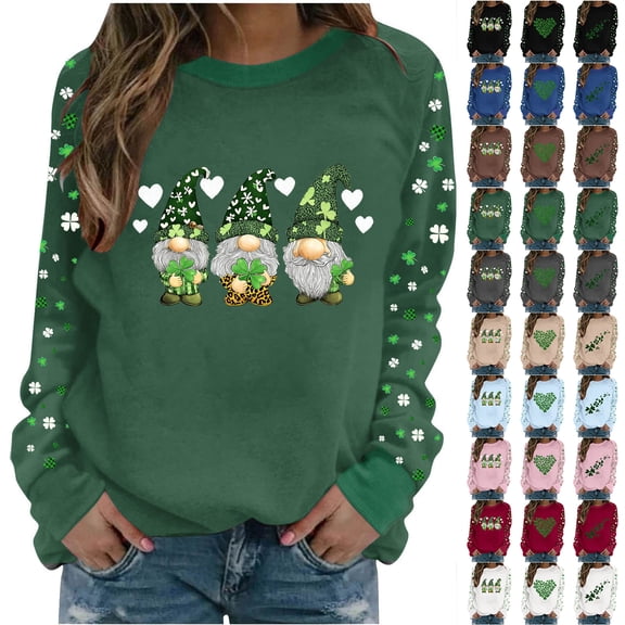 JTZGDY Green Shamrock Pattern Graphic T-Shirts for Women St. Patrick's Day Long Sleeve Crewneck Pullover Sweatshirts Fashion Holiday Outfit Tees Shirt Tops A-Gray M