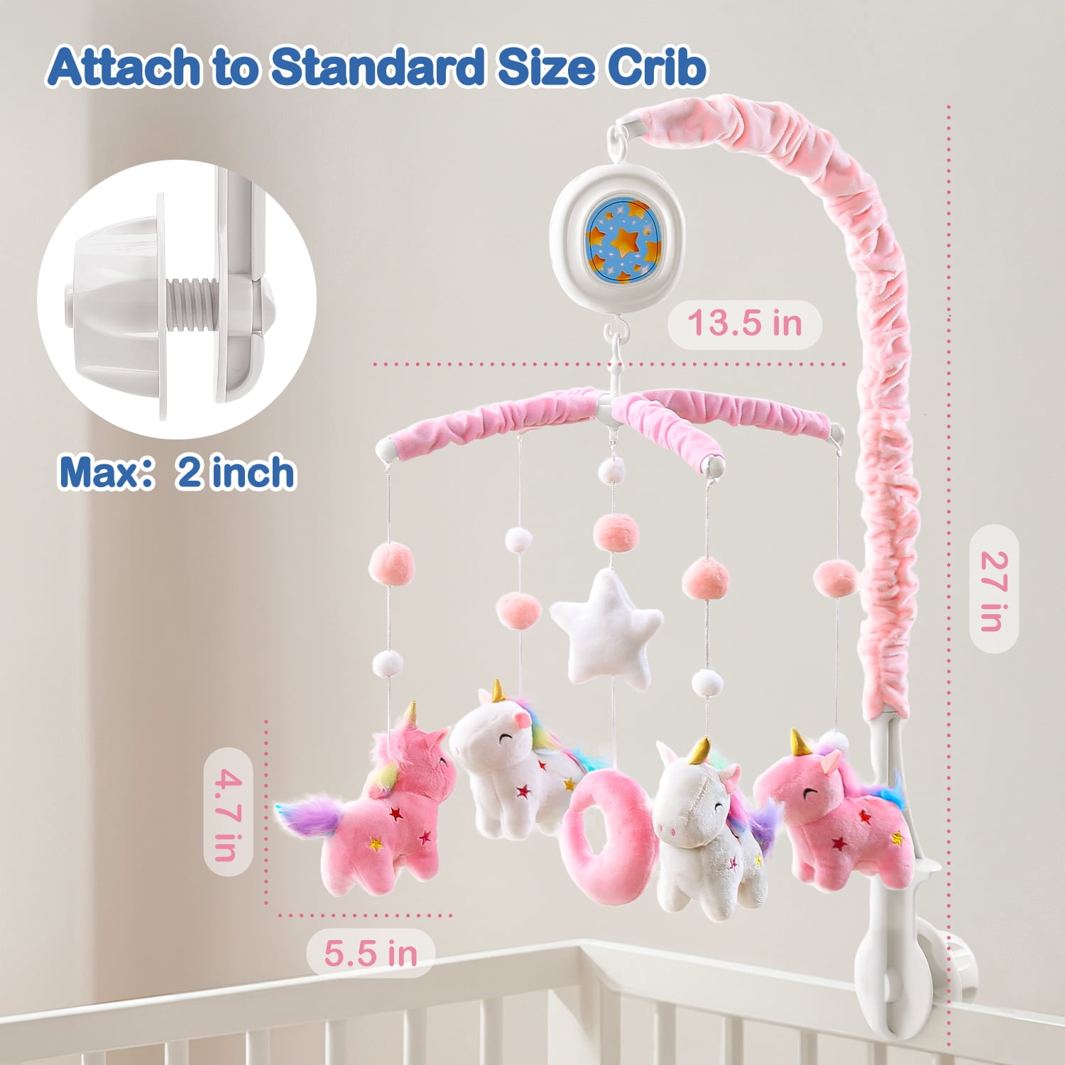 Unicorn Baby Crib Mobile for Girls with Music Box (100+ Lullabies), Rotating Plush Crib Toys for Newborns, Infant, Baby Shower Gift