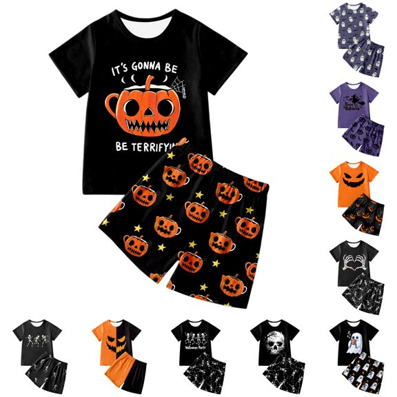 WhouRiu Boys Girls Halloween Graphic Pajamas Short Sleeve Tees Shorts Pajama Set 3-13 Years
