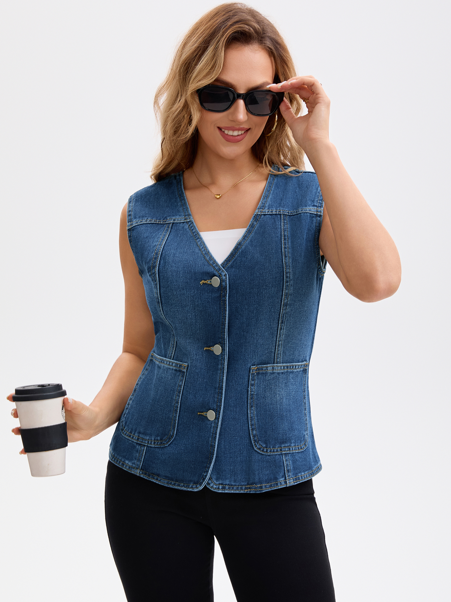 DARING DIVA Women's V Neck Patch Pockets Button Down Sleeveless Jacket XL Dark Blue