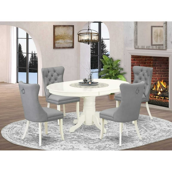 HomeStock 5 Piece Dining Set Contains An Oval Kitchen Table With Bohemian Bliss Leaf And 4 Upholstered Chairs, Linen White