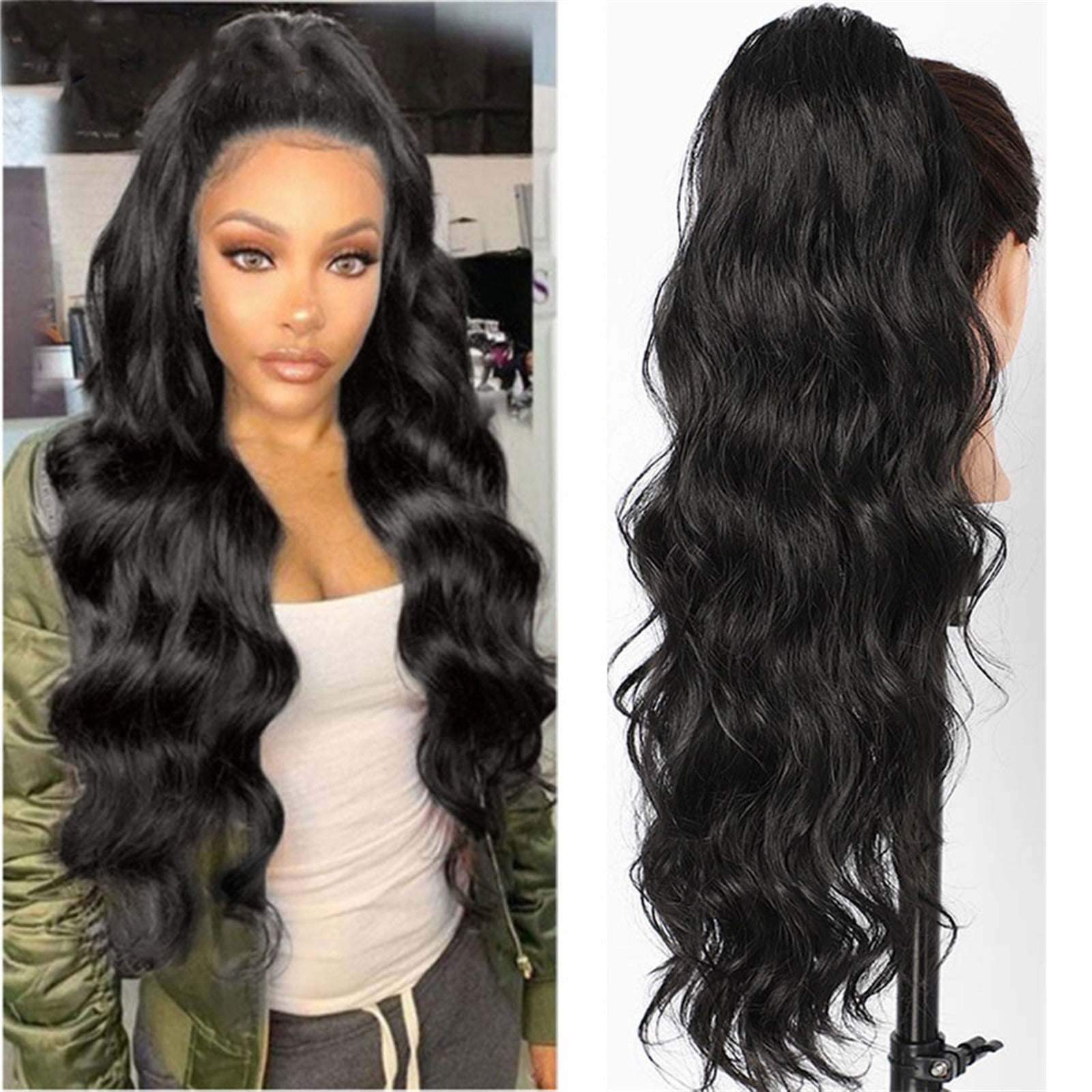 Body Wave for Women Long Wavy Ponytail Human Hair Drawstring Clip in Hairpiece Black Wave Extension African American Pony Tail