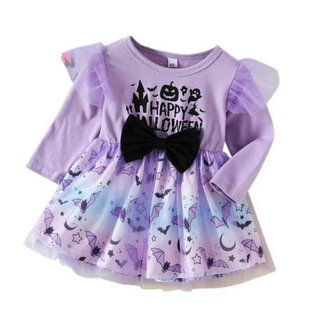 

MQLKF Newborn Girls Infant Long Sleeve Cartoon Halloween Pumpkin Letters Prints Bowknot Mesh Princess Dress Simple Comfy Breathable Girls Dress