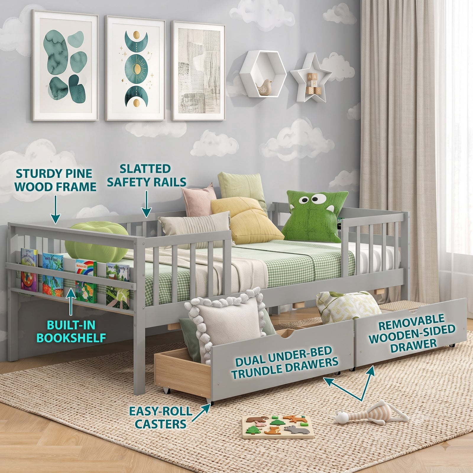 Furnibear Twin Wood Daybed with Full Fence Rails and 2 Pull-Out Storage Drawers for Kids Bedroom and Toddler Play Room, Gray