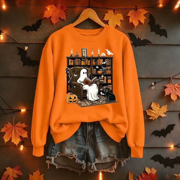 Trikvn Women's Cute Ghost Reading Book Graphic Sweatshirts Long Sleeve Crewneck Pullover Tops Casual Retro Halloween Season Shirts Cozy Book Lover Apparel