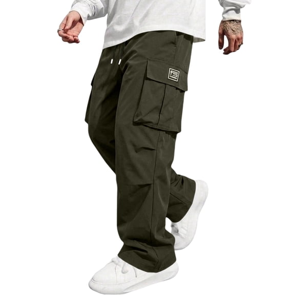 HaCpiu Men's Heavy Twill Cargo Pants, Loose Straight Leg Tactical Workwear Trousers, Relaxed Multi-Pocket Utility Casual Pants, Army Green L