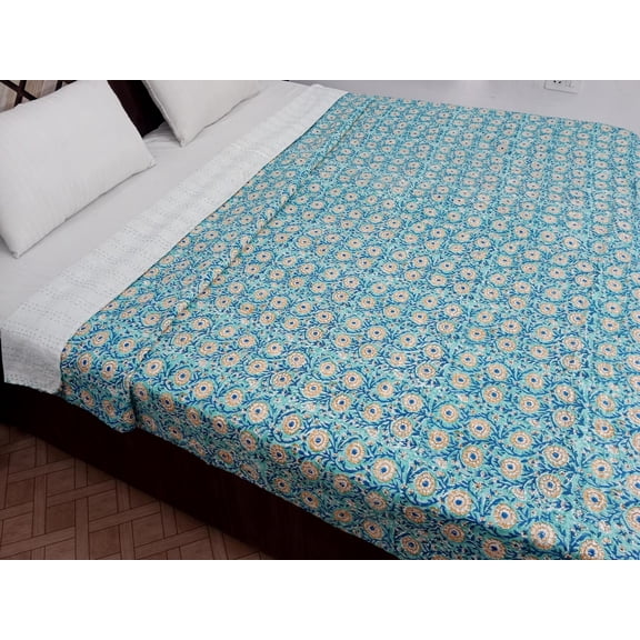 Floral Kantha Quilt, Full/Queen Size, Handmade Indian Bedspread