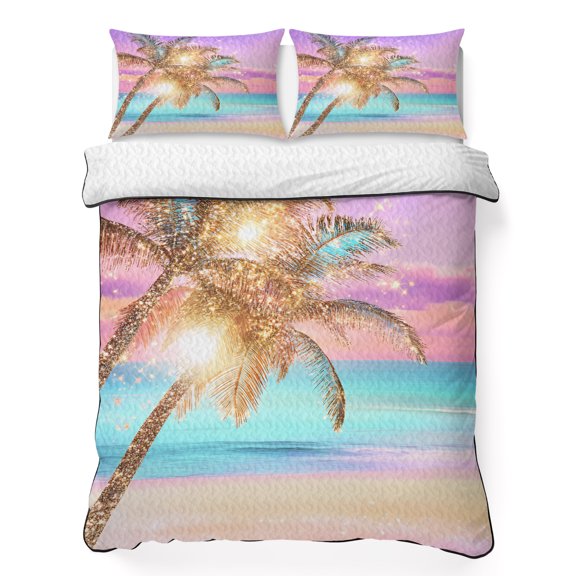 Palm Tree 3 Piece Quilt Bedding Set with 2 Pillow Shams, Beach Lightweight Bedspread Coverlet, Soft Breathable All Season Quilt, 79 x 90 Inch