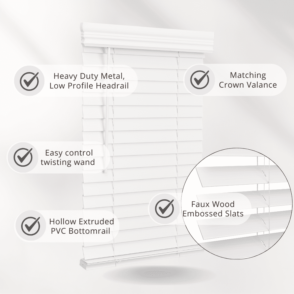 Lotus & Windoware Cordless 2" Faux Wood Room Darkening Horizontal Blind, 34.5" W x 60" L, Bright White, Embossed