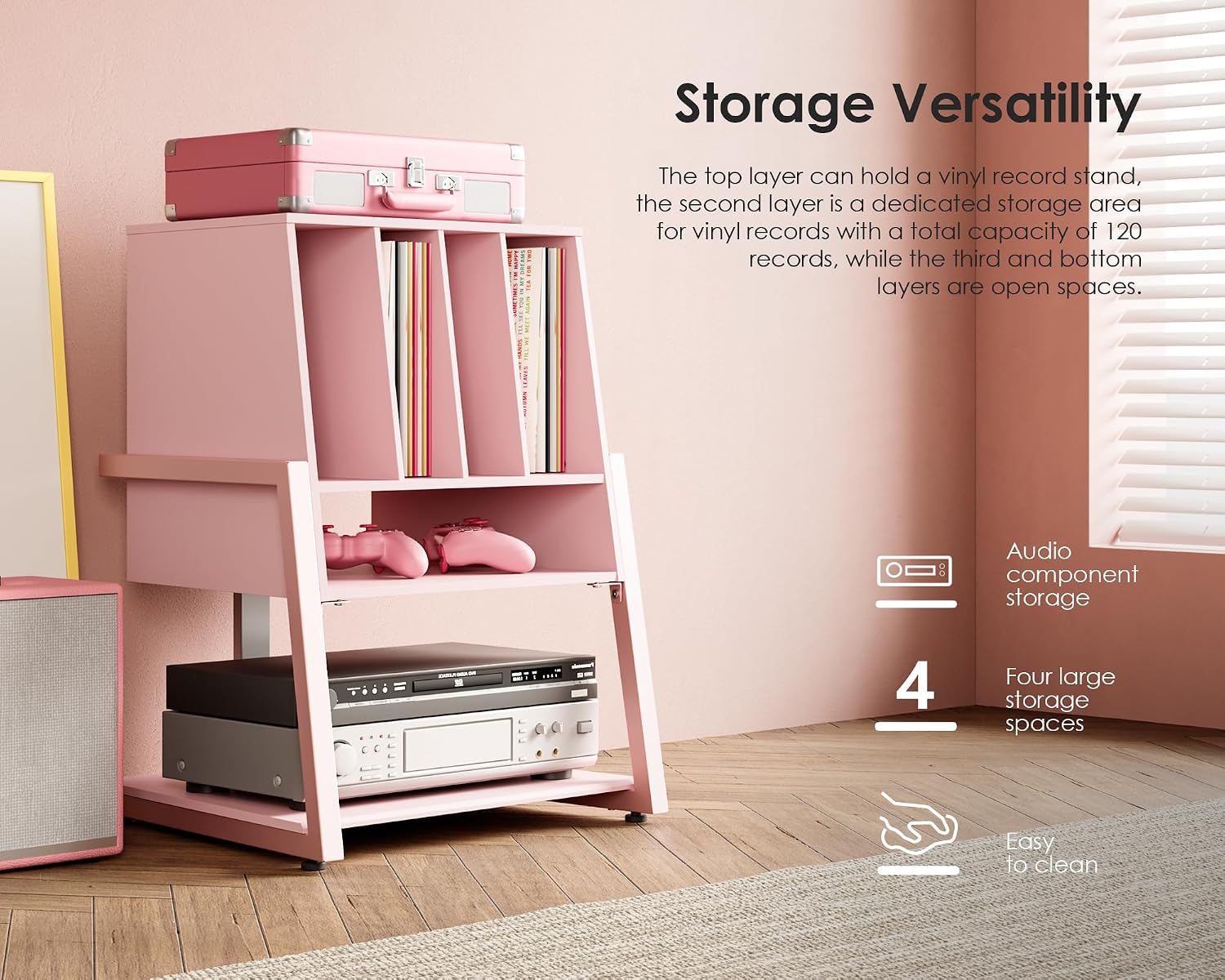 FITUEYES Record Player Stand with Vinyl Storage, Holds up to 120 Records, Pink, Eiffel Series