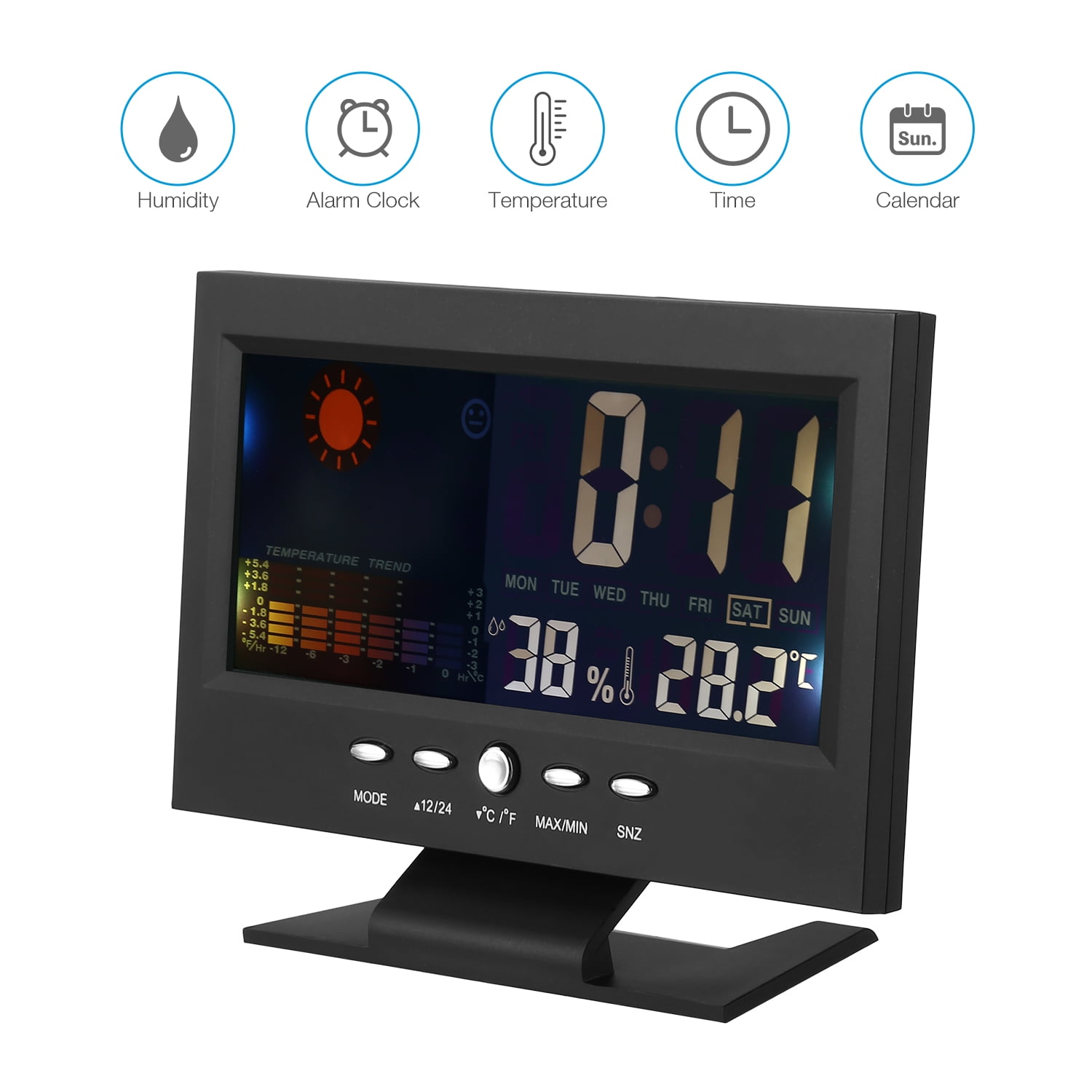 Alarm Clock LED Color Display Digital Voice Control Snooze Calendar Weather WRW 