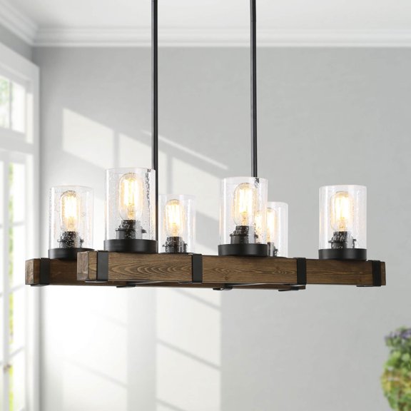 LNC 6-Light Farmhouse Linear Chandelier with Seeded Glass in Nature Wood Brown and Matte Black Finish
