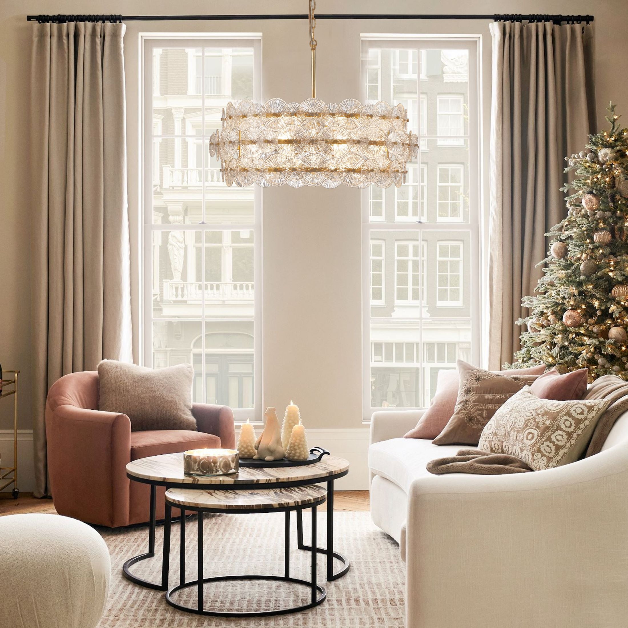 KAWOTI 6-Light Gold Glam Chandelier, DIY Island Pendant Light with Hand-Made Glass Discs for Living Room Dining Room Bedroom Hotel