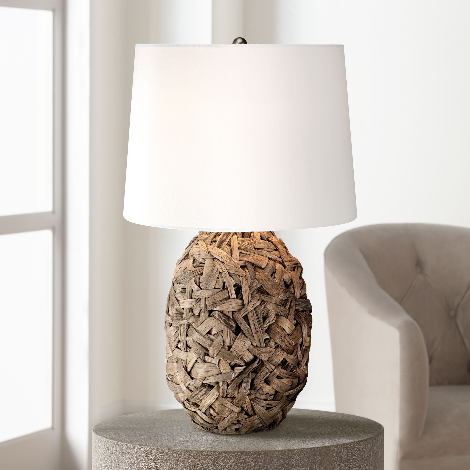 360 Lighting Tropical Table Lamp Natural Seagrass White Drum Shade For Living Room Family Bedroom Bedside Nightstand Office