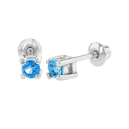 Rhodium Plated December Blue Crystal Kids Baby Girls Screw Back Earrings 3mm