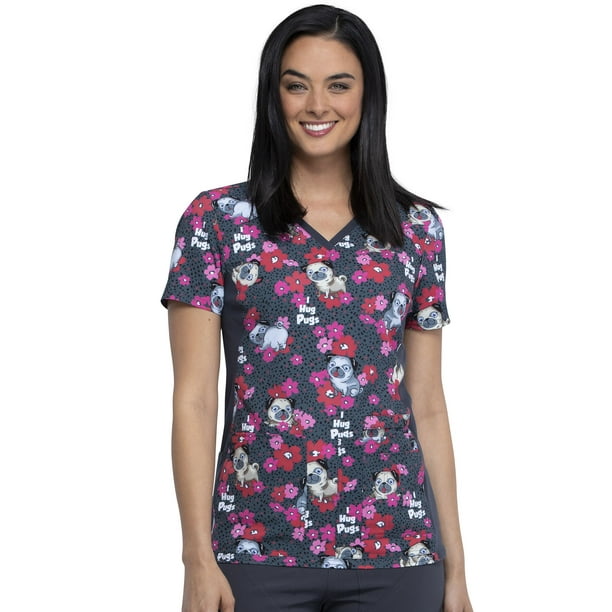 Cherokee Cherokee iFlex Women Scrubs Top, VNeck Knit Panel, Plus Size, CK636, 3XL, I Hug Pugs