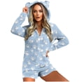 thumbnail image 1 of Mono cálido con capucha y orejas para mujer, estampado de manga larga, pantalones cortos, mono corto con cremallera, bolsillo, ropa de dormir, ropa de casa, tops de poliéster para mujer, 1 of 5