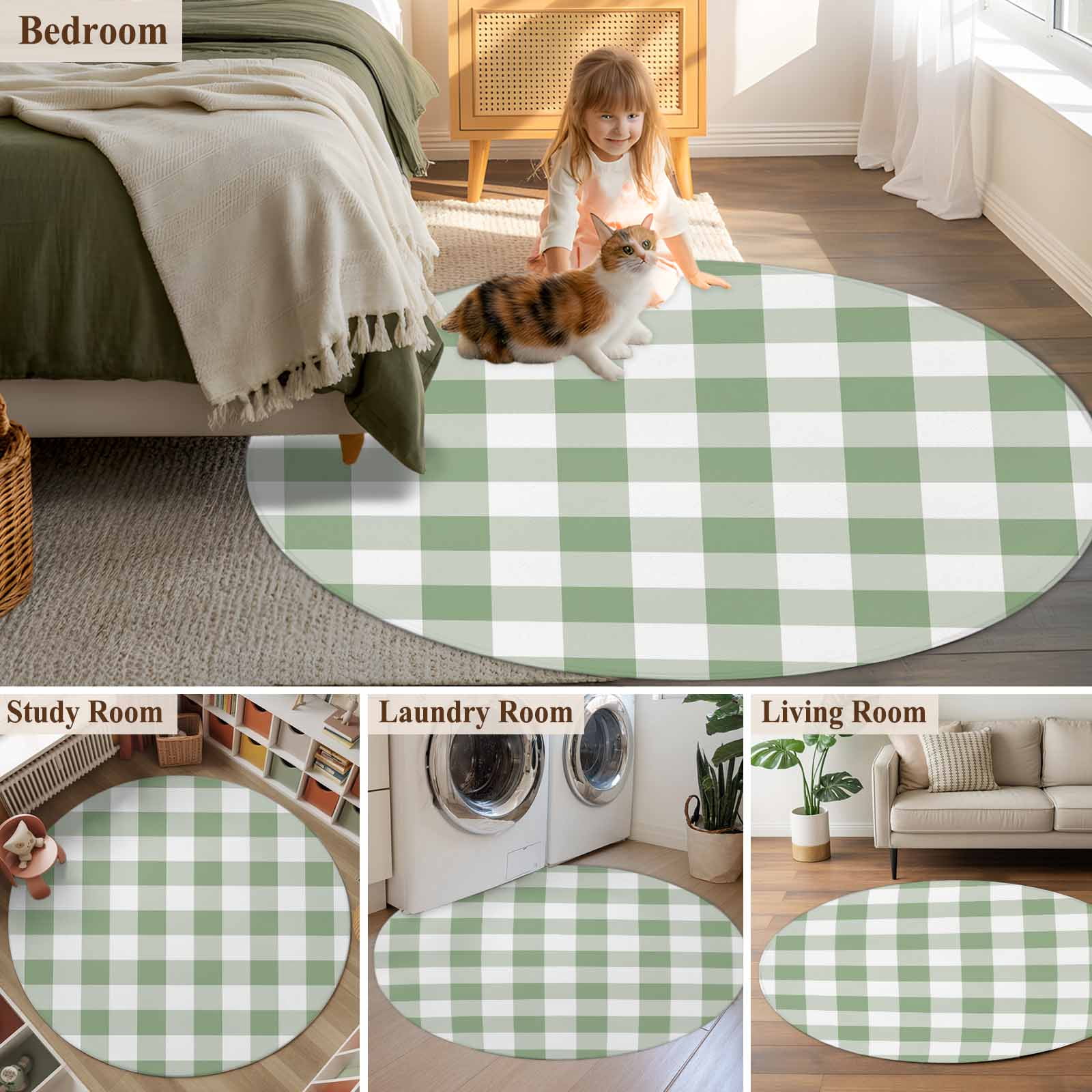 Round Area Rug 8Ft, Sage Green Checkered Non-slip Area Rugs Carpet for Living Room/Bedroom/Bathroom/Kitchen, Farmhouse Buffalo Plaid Washable Throw Floor Mat Indoor Outdoor Entrance Doormat
