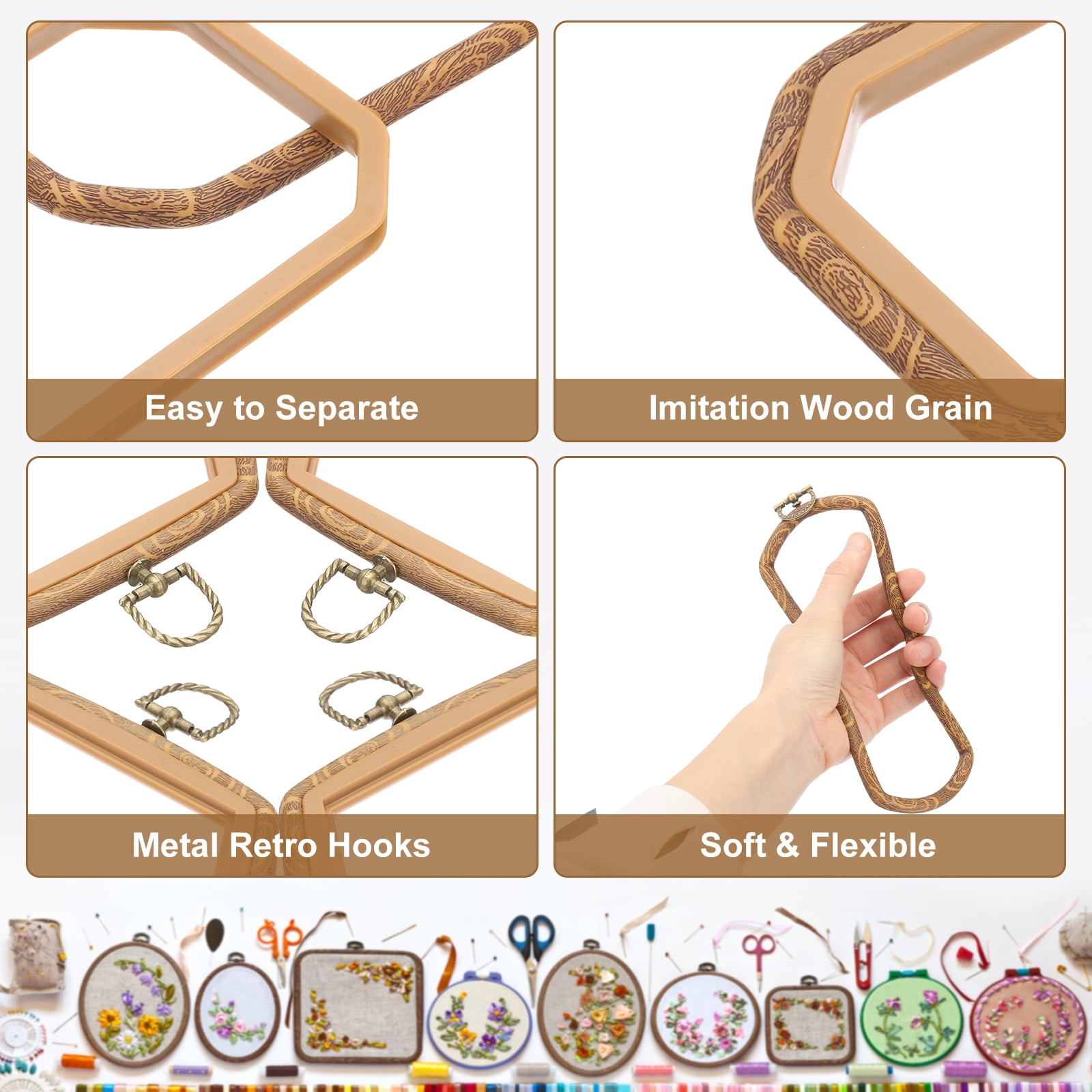 Uxcell 6 Pieces 4.8" x 3.3" Rectangular Embroidery Hoops Frame Imitated Wood Circle Cross Stitch Hoop Ring for Embroidery Art Craft Handy Sewing Decoration, Brown