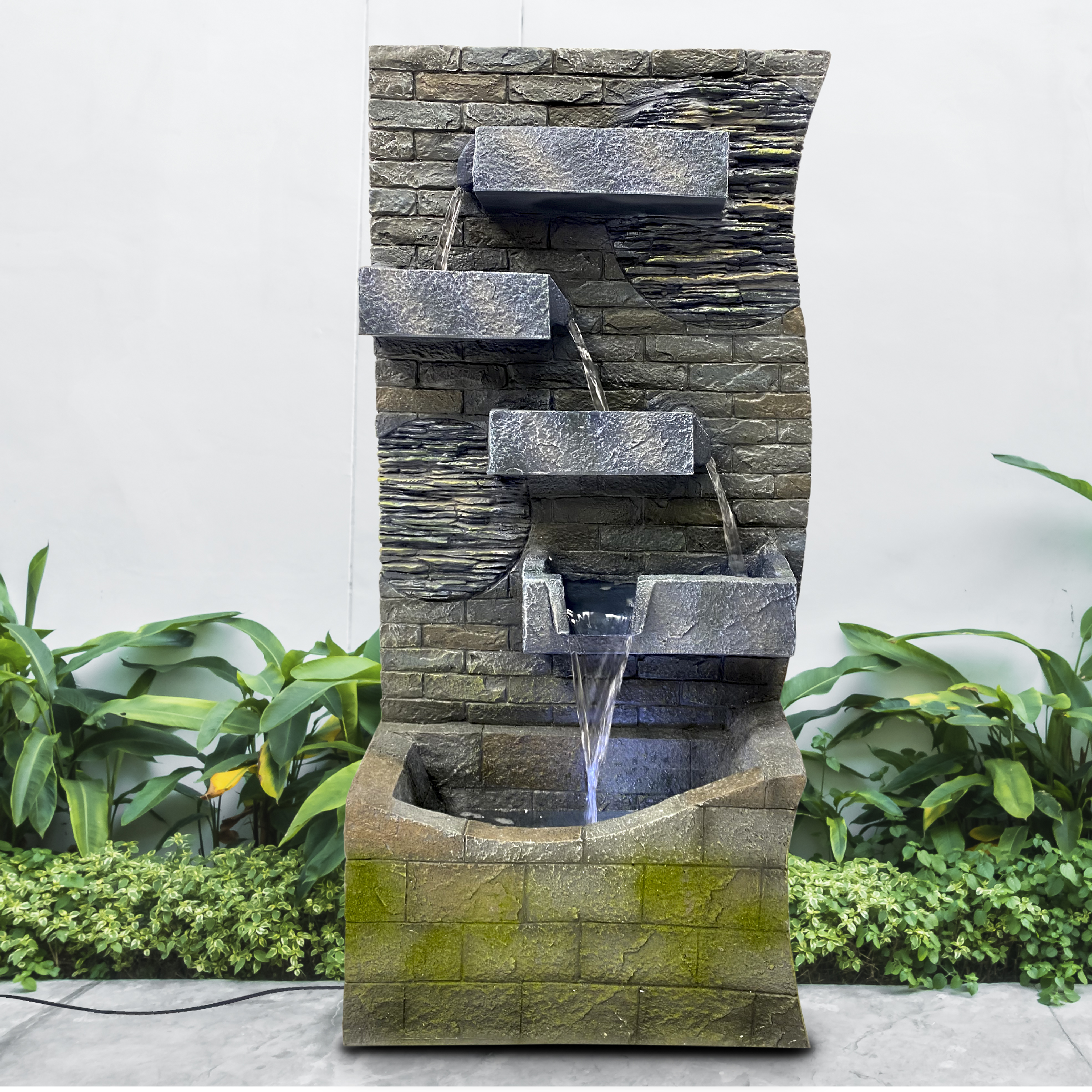4 Tier Rock Water Fountain with LED Light Made from Fiberglass Resin - Outdoor Or Indoor, Large 40” Tall X 20” Wide, Grey