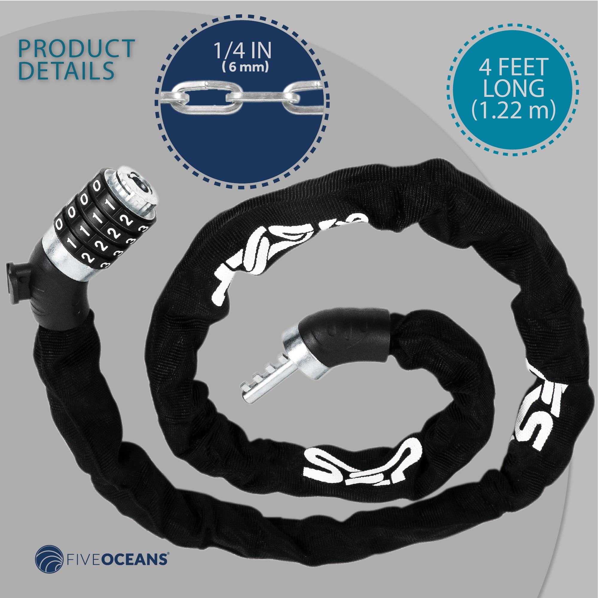 Five Oceans Bike Chain Lock, Combination Anti Theft Bike Locks Heavy Duty, Security Resettable Bicycle Lock with Mounting Bracket, 4 Feet Long for Bike, Motorcycle, Bicycle, Door, Gate - FO3958