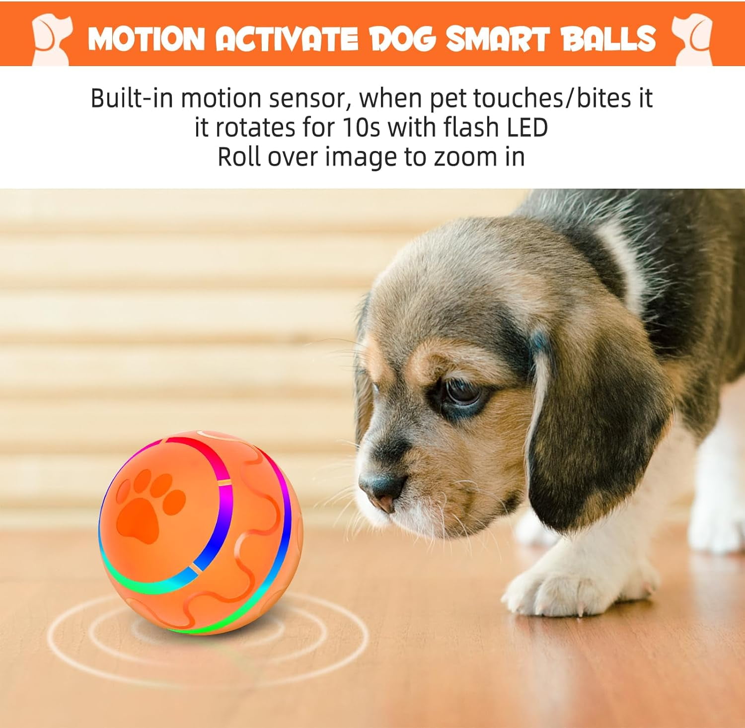 Interactive Dog Ball Toys, Pet Ball for Dogs, Durable Automatic Rolling Ball with Led, Flash Lights for Small Medium Dogs Breed, Wicked Ball with Motion Activat BPA-Free USB Rechargeable (Orange)
