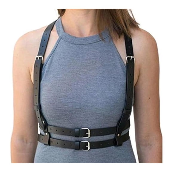 Goth Style Plus Size Leather Waist & Chest Harness Belt, Black Fashion Body Belt