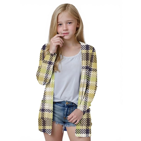 PWPSG Teen Girl Casual Cardigan Color Block Tunic Tops Lightweight Open Front Long Sleeve Top Fashion Daily Outfits with Pockets Yellow 11 Years