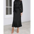 thumbnail image 3 of Women's Elegant Long Sleeve Satin Dress Mock Neck Elastic Waist Cocktail Party Wedding Guest Midi Dresses, 3 of 12