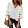 thumbnail image 1 of Women's Casual V Neck Blouse 3/4 Bell Sleeve Mesh Panel Solid Color Tops Loose Fit Shirts, 1 of 3