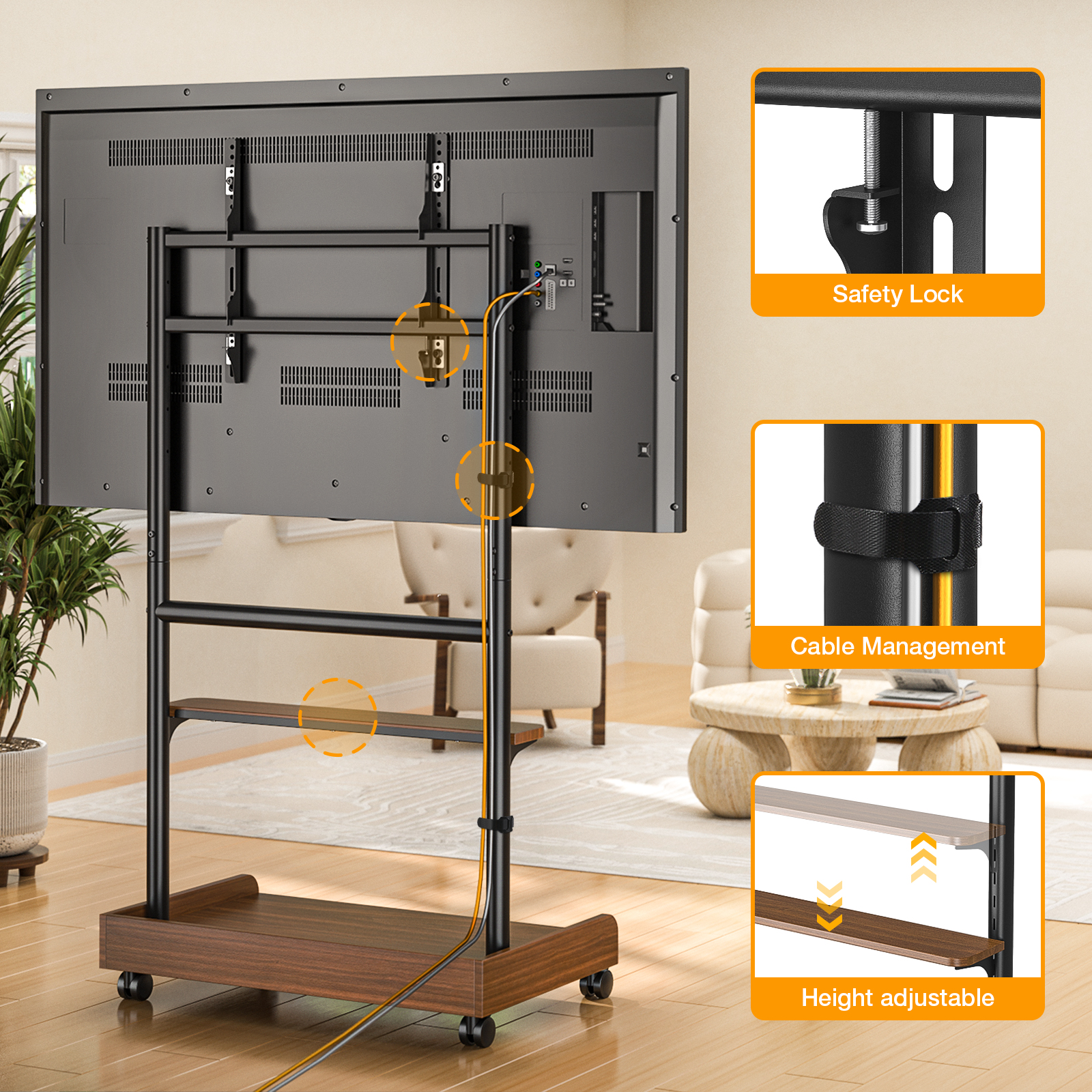RTVR Rolling TV Stand with Wheels for 40-86 inch Screens, Height Adjustable Mobile TV Stand with Wooden Storage Shelf, Holds up to 150 lbs, Brown